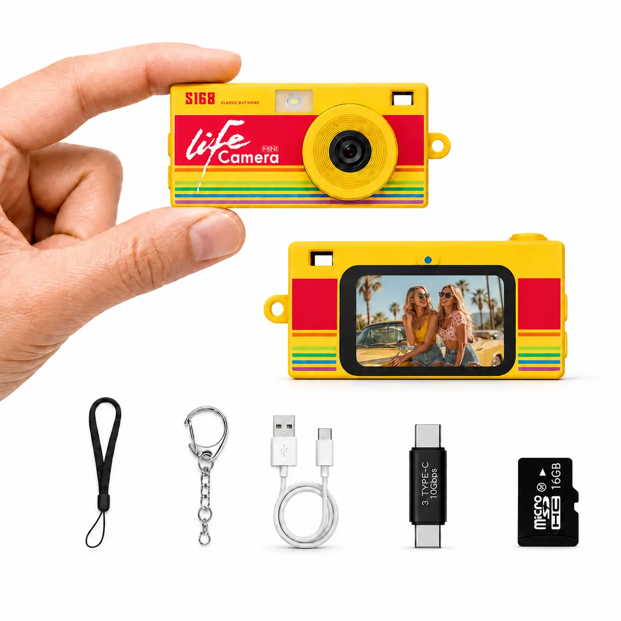 S168 Mini Digital Camera, 1440P HD Portable Keychain Camera with 7 Creative Filters, Built-in Light, 16GB Micro SD Card, USB-C Cable, CMOS Sensor, AVI Format, Gift-Ready Box for Travel, Daily Vlogging (for Kids & Adults)