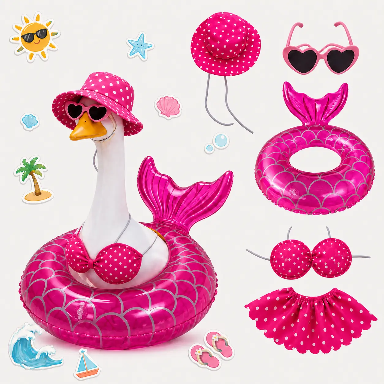 5PCS Hawaiian Summer Porch Goose Outfit for 23-Inch Goose Statues, Bikini Costume Set with Sunglasses, Swim Float & Sun Hat, Summer Goose Clothes for Pool, Garden, Patio & Lawn Decor (Goose Not Included)