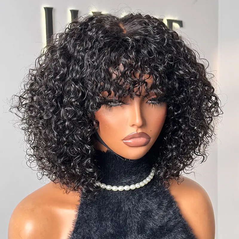 LUVME Water Wave Short Human Hair Wig with Bangs, Beginner Friendly and Glueless with Minimalist Lace, Beginner Friendly Wigs, Curly Hair Wigs