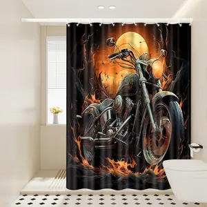 1pc Flaming Motorcycle Shower Curtain, Edgy Bathroom Decor, Dark Sunset & Fiery Bike Design, 70.9x70.9in Hanging Curtain with Hooks, Ideal Gift for Housewarming or Friends, Halloween, Home