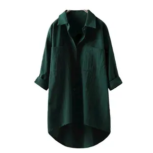 Women’s Plus Size Loose-Fit Button-Front Long-Sleeve Solid Color Casual Shirt/Blouse, Korean Style, Elegant, Polo Collar