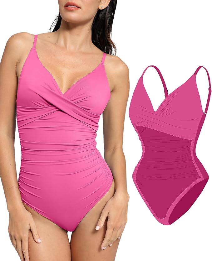 Popilush Ruched Cross-Front One-Piece Swimsuit Shapewear with Tummy Control Adjustable Straps High-Waisted Bathing Suit for Pool Beachwear #Dealsforyoudays-Live