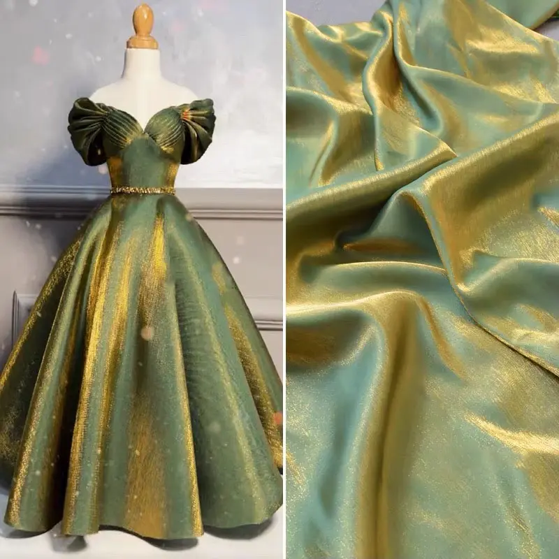 Green Gold Shiny Satin Fabric, Metallic Luster Silky Smooth Cloth for Evening Gown, Wedding Dress, DIY Sewing Party Decor