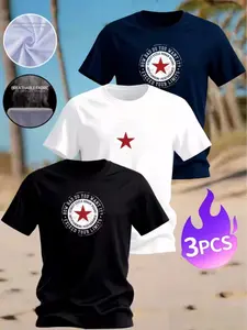 3-Piece Men's Gym Motivational Graphic Tees | Vintage Red Star Print Short Sleeve Shirts, Casual Breathable Workout Tops for Fitness & Daily Wear
