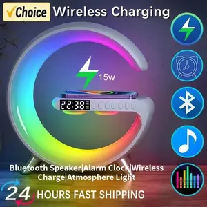 Multifunction RGB Light Bluetooth Speaker Alarm Clock 15W Wireless Charger Stand Pad For iPhone Samsung Fast Charging Station small