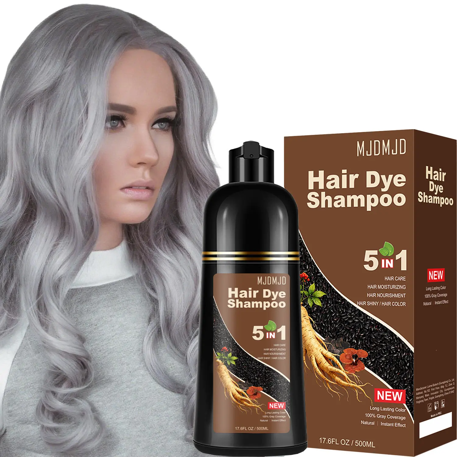 Silver Gray Hair Dye Shampoo 5-in-1, Long Lasting Silver Hair Color Shampoo with Natural Essence Extracts, Hair Color Shampoo for Women & Men, Easy to Use & Suitable for All Hair Types, 16.9 Fl Oz