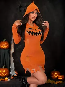 Pumpkin Bodycon Hooded Halloween Dress