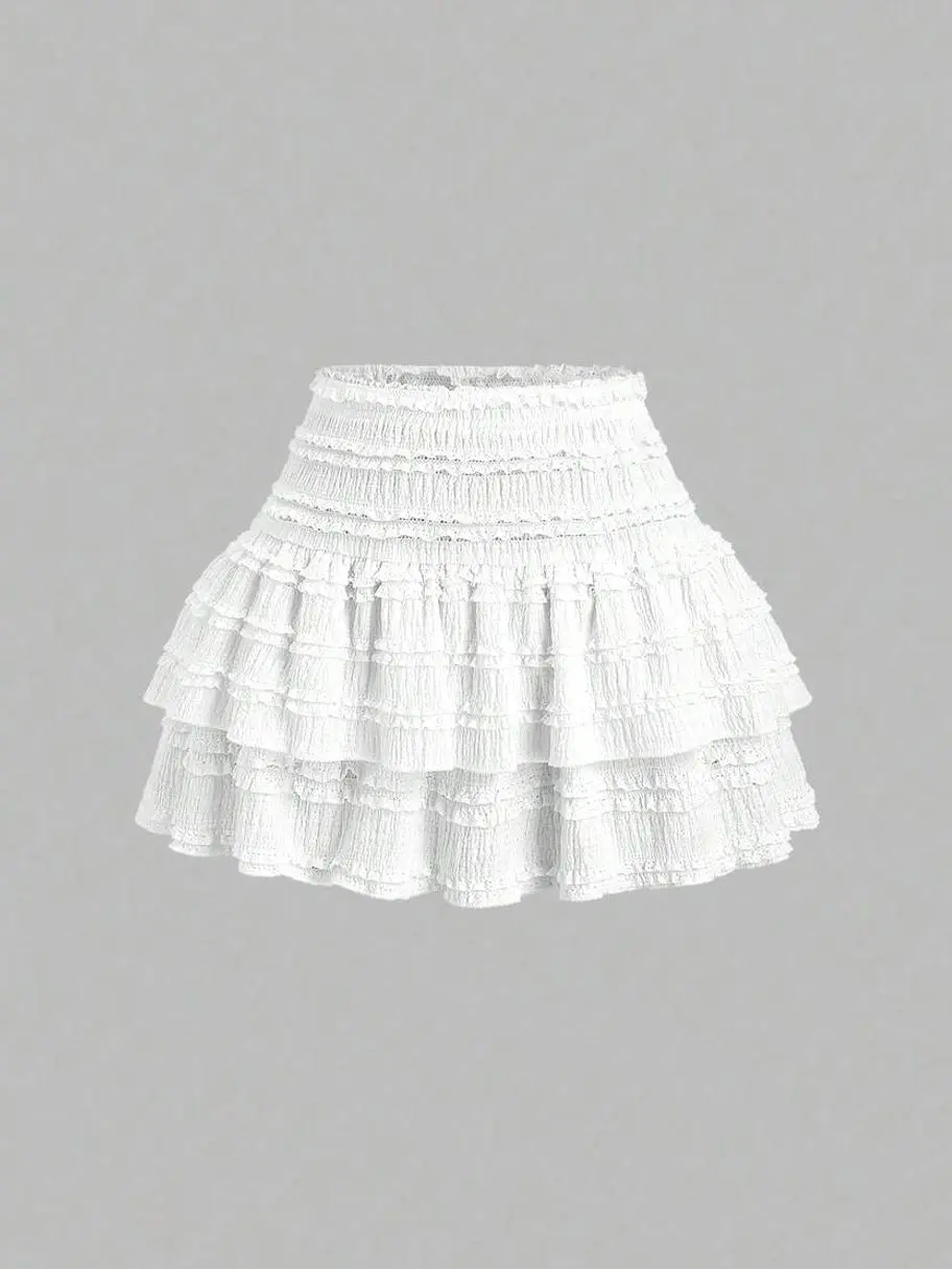Women's Solid Color Ruffle Trim Layered Mini Skirt, Double Layer Hem Y2K Skater Skirt, Casual Resort Beach Vacation Skirt for Summer, Party, Streetwear