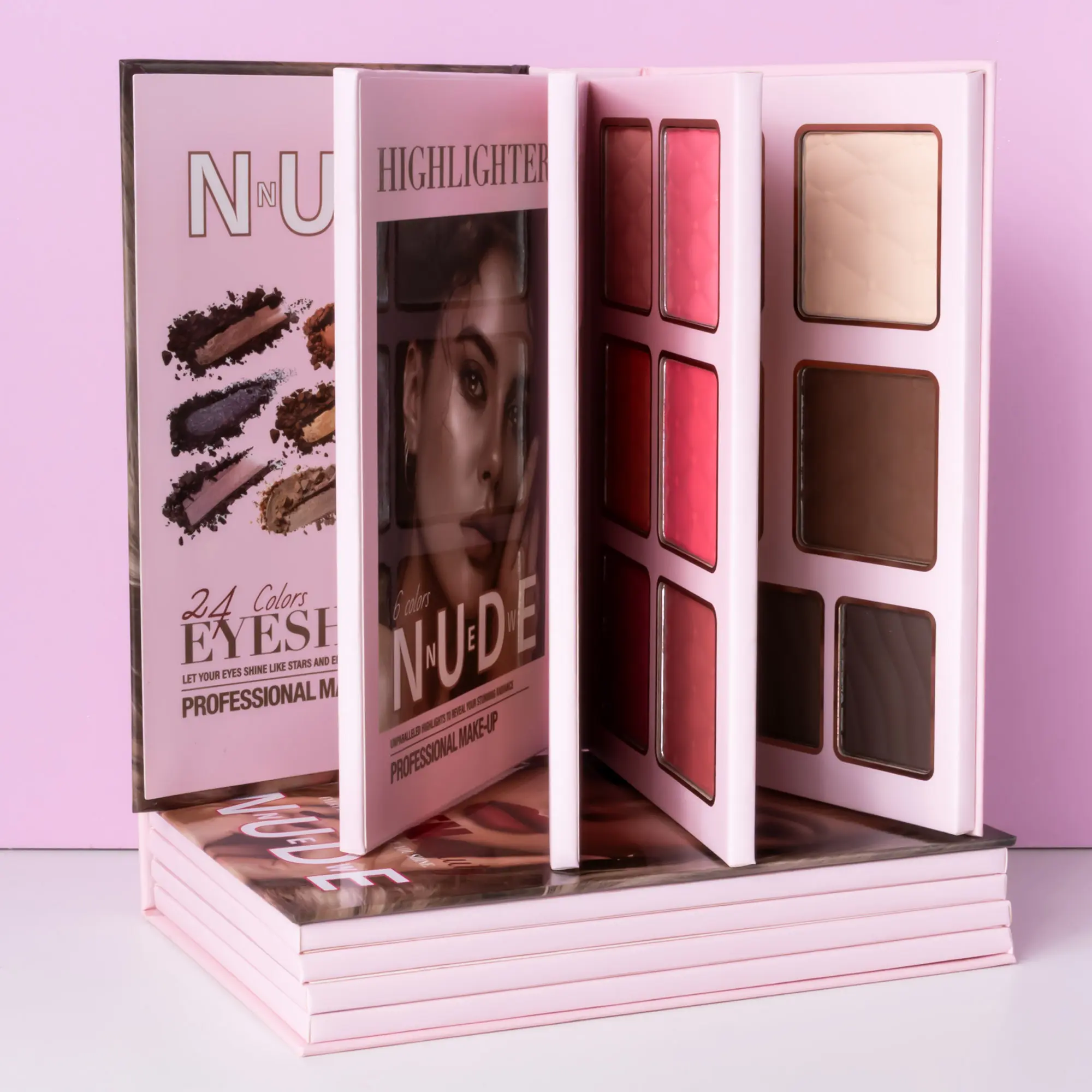 43-Color All-in-1 Makeup Palette Book - 4-Panel Fold-Out Book with 24-Color Eyeshadow, Blush, Highlighter, Contour, Matte & Shimmer Finishes