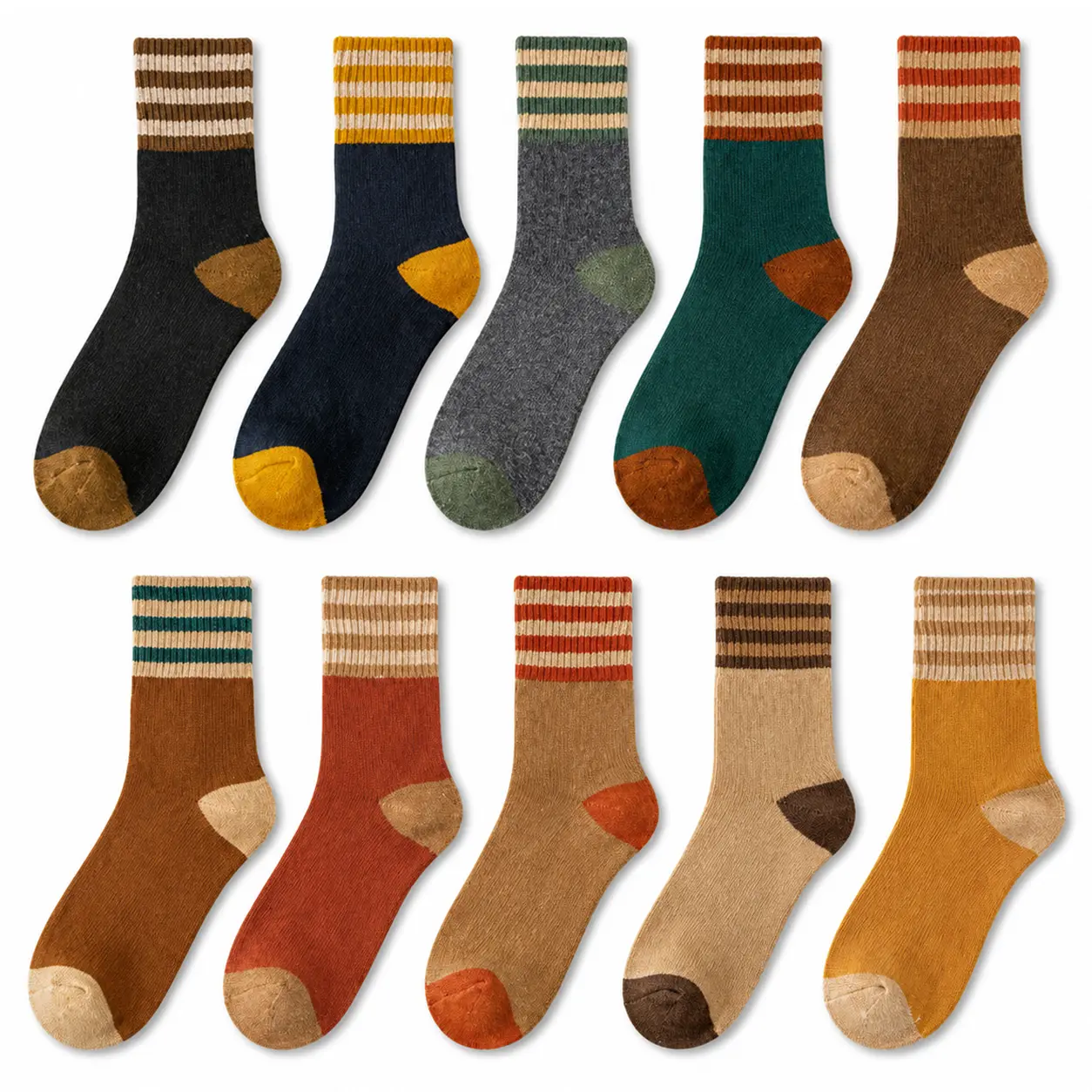 10 pairs of thick, warm women's socks; knitted, warm, retro-style athletic socks; lined with polar fleece; comfortable boot socks suitable for ankle boots and hiking shoes; loose fit