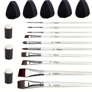 Yutiers 18pcs Professional Artist Paint Brush & Sponge Set White Handle Nylon Bristles Flat Angled Detail Brushes 5 Sponges 3 Dabbers Versatile for Face Painting Watercolor Acrylic Body Art Ideal for Artists DIY Enthusiasts