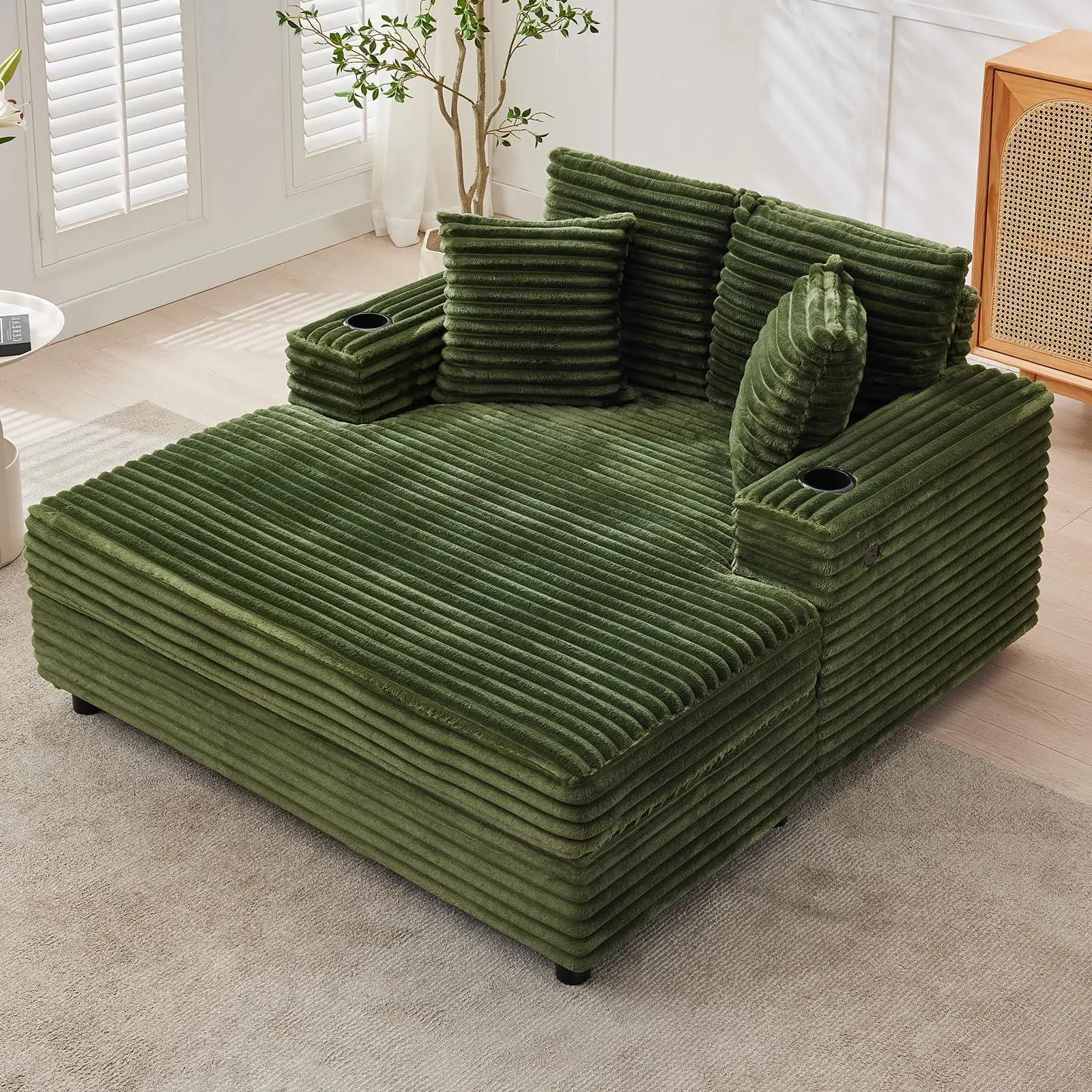 60 inch Oversized Chaise Lounge Chair Indoor,Upholstered Chaise Lounge with Cup Holder,Throw Pillows &Charging Station,Comfy Corduroy Sleeper & Reading Couch for Living Room,Bedroom,Office.Green