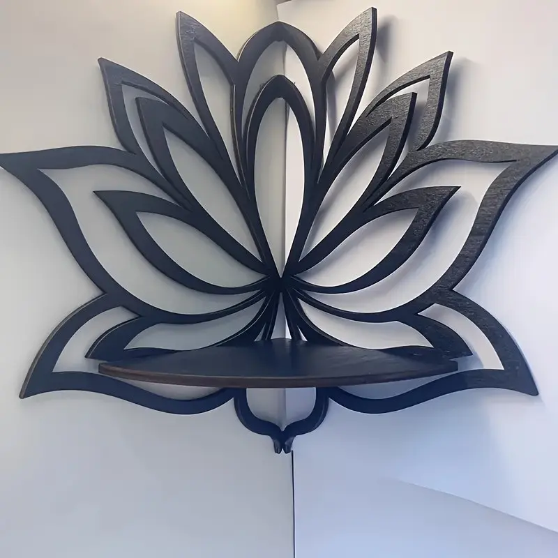 Lotus Flower Design Wooden Lattice Shelf, Crystal Corner Wall Mount, Bohemian Style Buddha Decoration, Indoor Design DIY, Home Decor Accessories