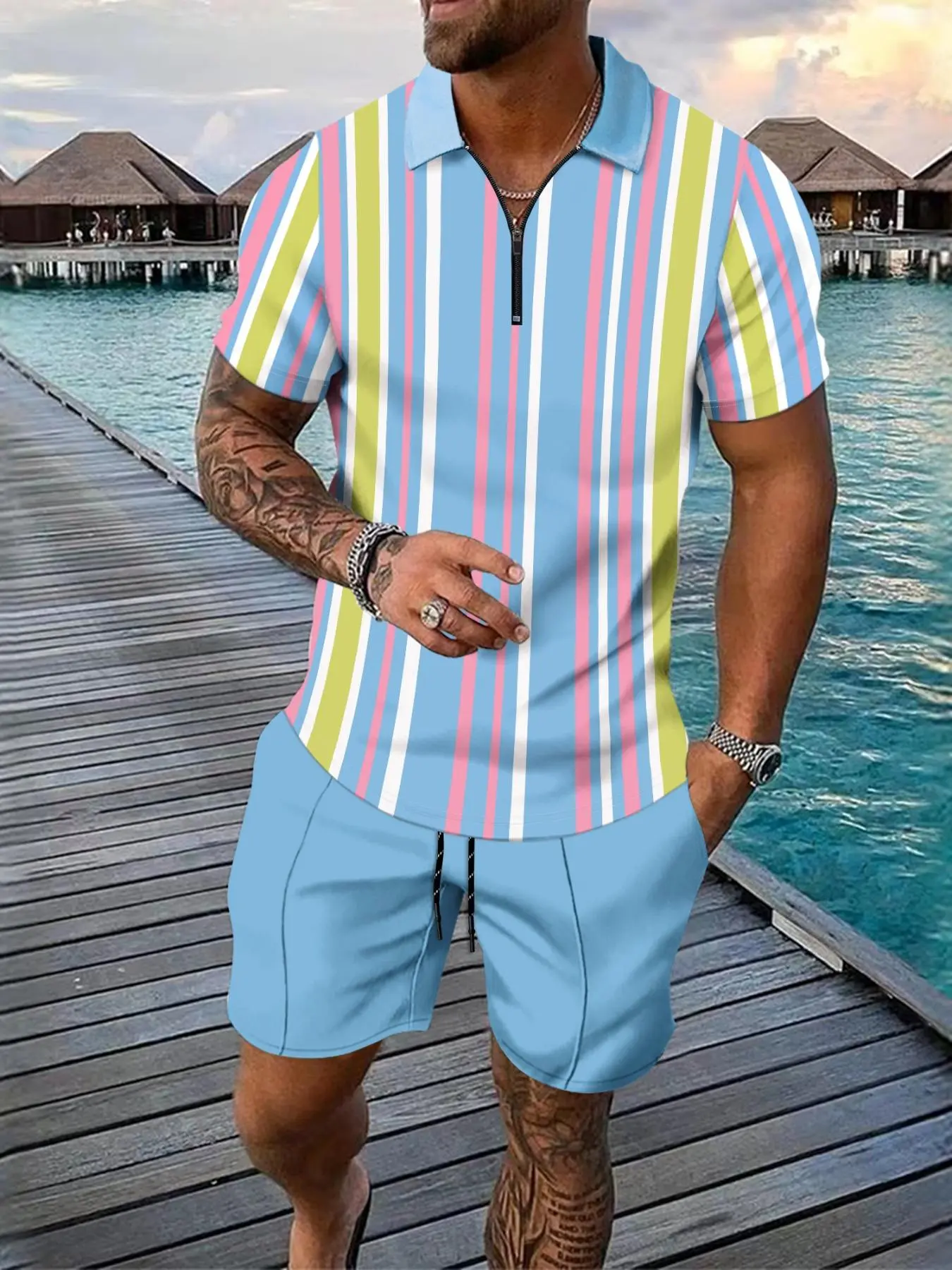 Men's Casual Tropical Cozy Colorblock Striped Short-Sleeve Shirt & Shorts Two-Piece Set, Breathable Summer Outfit for Daily Wear, Menswear