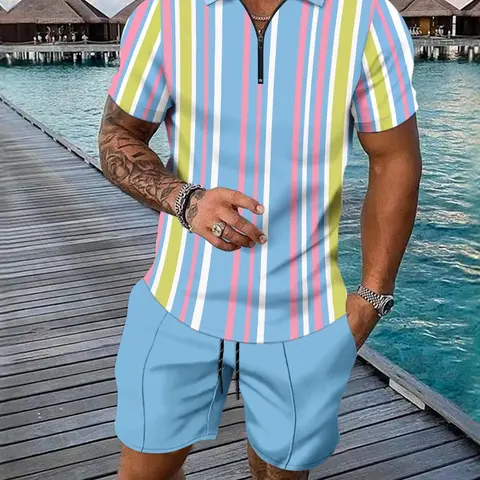 Men's Casual Tropical Cozy Colorblock Striped Short-Sleeve Shirt & Shorts Two-Piece Set, Breathable Summer Outfit for Daily Wear, Casual Clothes Set