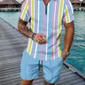 Men's Casual Tropical Cozy Colorblock Striped Short-Sleeve Shirt & Shorts Two-Piece Set, Breathable Summer Outfit for Daily Wear, Casual Clothes Set