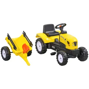 Aosom Pedal Go Kart for Kids, Ride-On Tractor with Back Trailer, Shovel & Rake, Fun Yellow, for 3+ Years