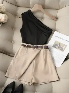 Spring Summer Elegant Women's Set, One-Shoulder Crinkle Neck Top & Short Half Skirt Pants, Casual Fitted Two-Piece with Belt, Womenswear