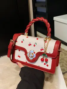 Ladies' Valentine's Day Shoulder Bag, Casual Trendy Purse, with Cherry Print Elements, The woven handle and adjustable shoulder strap are practical, perfect for outdoor dates, versatile styles