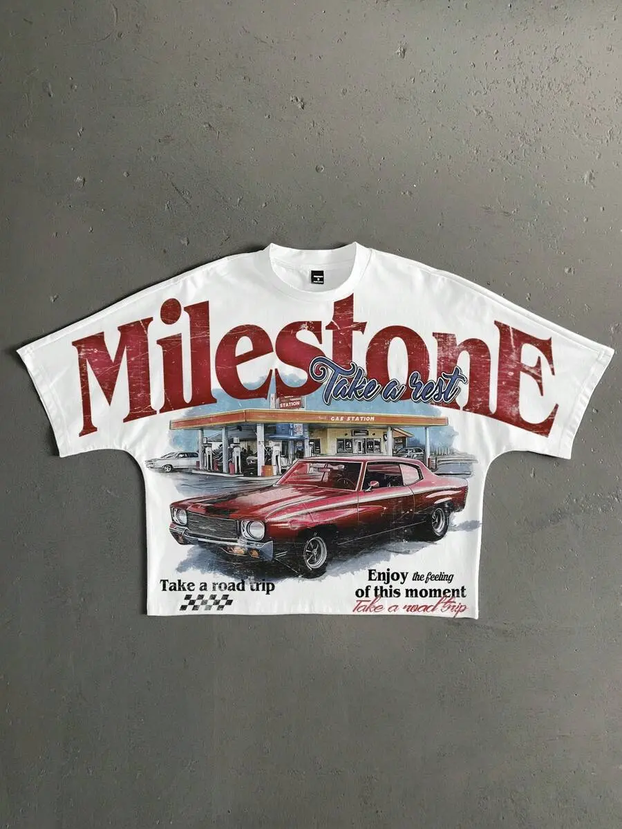 Retro American Gas Station Shop Print Streetwear City Break Loose Fit Batwing Sleeve Cropped Shirt For Men, Fashionable Couple Gift