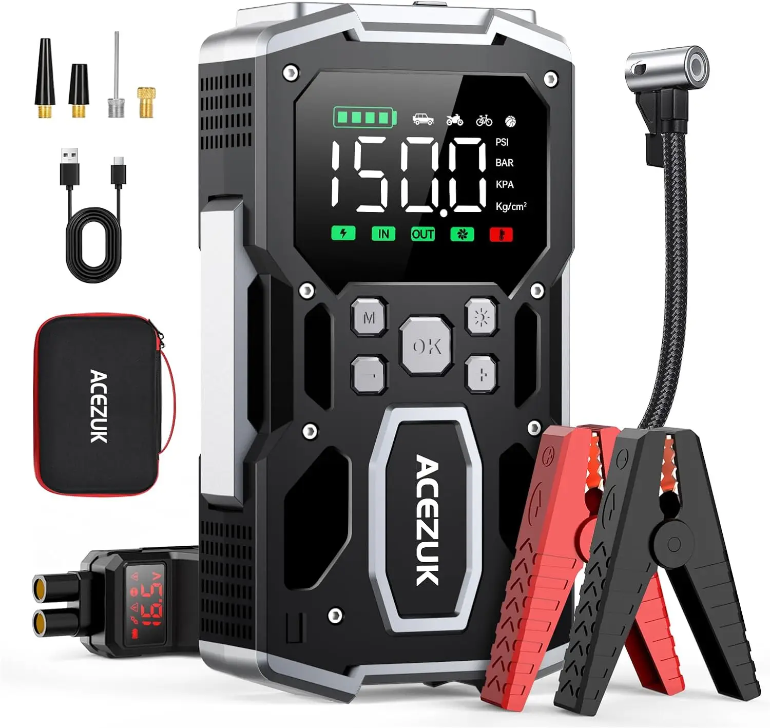 ACEZUK 3000-6000A (All Gas/10.0L Diesel) Portable Car Jump Starter with Air Compressor, 150PSI Jump Starter (All Gas/10.0L Diesel), 12V Car Battery Ju