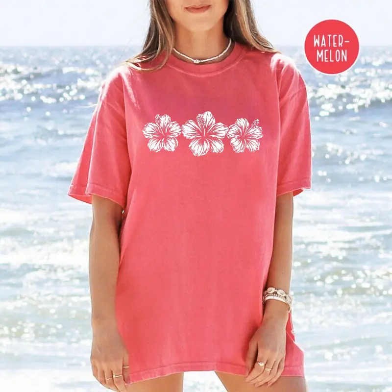 Comfort Colors Hibiscus Flower Shirt, Tropical Floral T-Shirt, Hawaii Vacation Beach Tee, Summer Island Aesthetic Top, Coastal Graphic Tee for Women