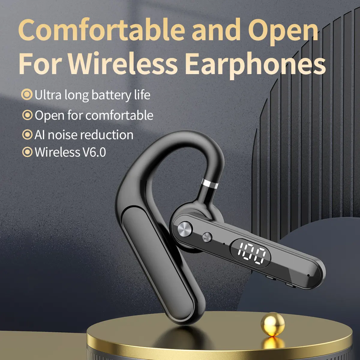 Wireless Open-Ear Touch Headset, Wireless Chargeable Headphones, Noise Reduction Headset, Long-lasting battery with LED display HD noise-canceling microphone Rotatable earpiece Compatible with iPhone/Android devices Ideal for long drives
