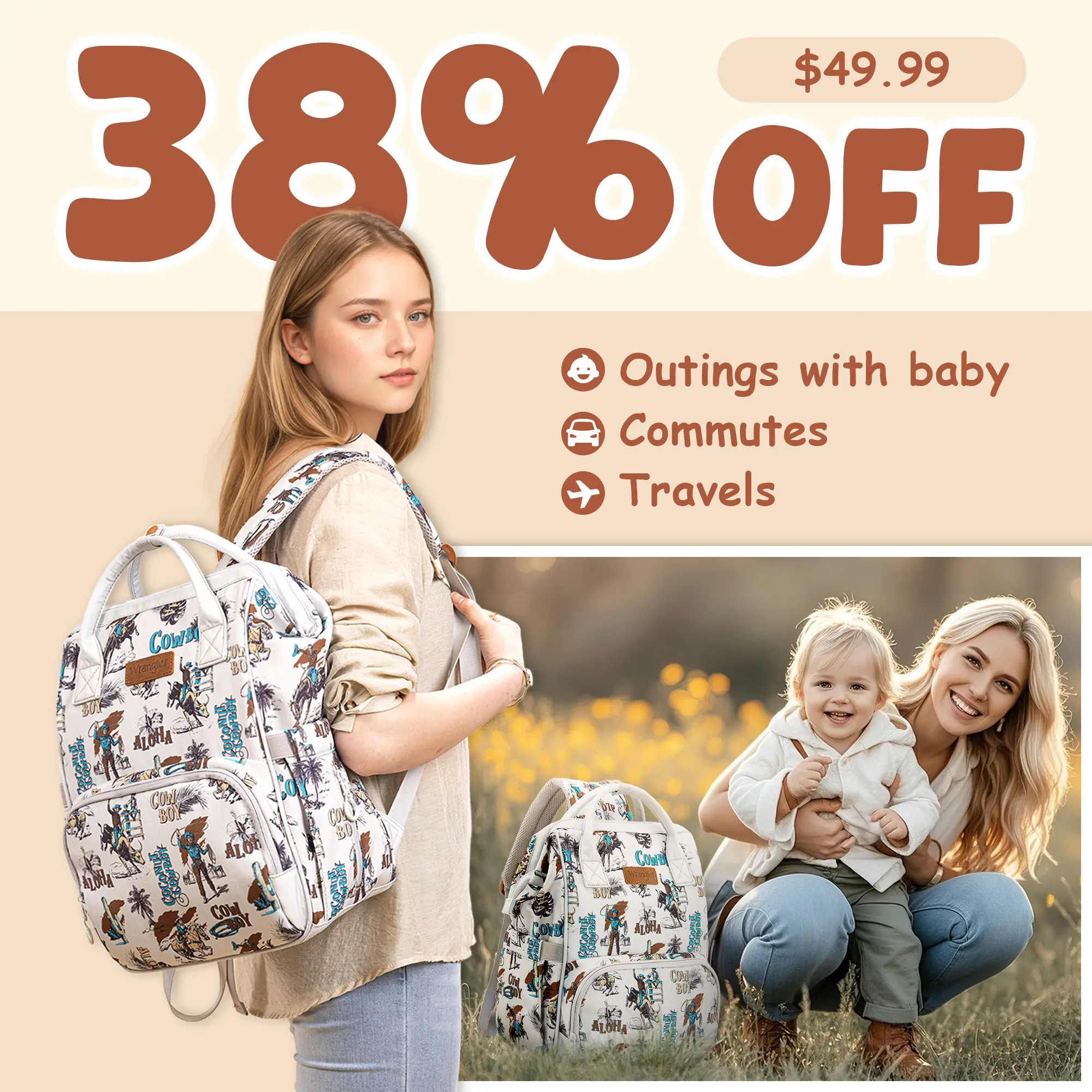 Wrangler WildWest Travel Backpack with Side Wipes Pocket, Waterproof Pocket, Large Capacity Carry On Diaper Backpack for Work, Travel, School, Hiking