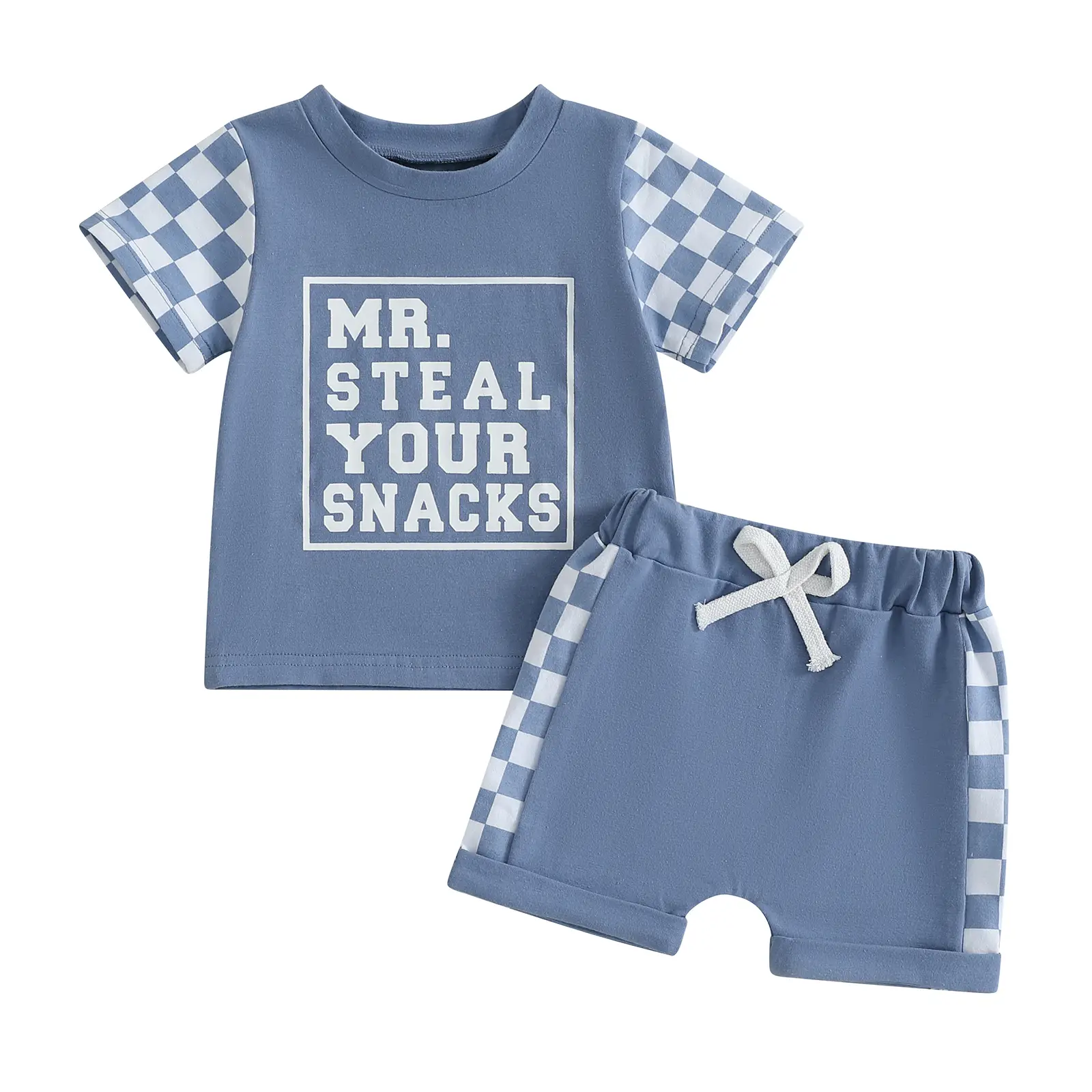 Boys Summer Shorts Sets Short Sleeve O Neck Letter Checkerboard Print Tops and Shorts Sets