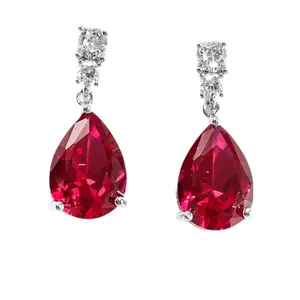 Red Ruby Stud Earrings – Elegant Drop Design, Sweet Light Luxury Style, Zircon Set with Stones, Sparkling Ear Jewelry