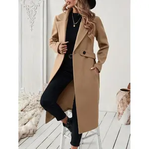 Women's Elegant Long Black Tweed Coat with Adjustable Belt - H-Silhouette Asymmetrical Hem, Machine Washable Winter Trench Coat for Fall & Winter, Office to Evening Versatile Outerwear, Notch Lapel Design Jackets Tops Womenswear Basic Minimalist