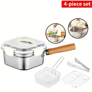 4-In-1 Stainless Steel Square Frying Pot Set, Multi-Functional Home Use, Portable Outdoor Cooking Pot, Tempura Boiling Pot, Christmas Gift