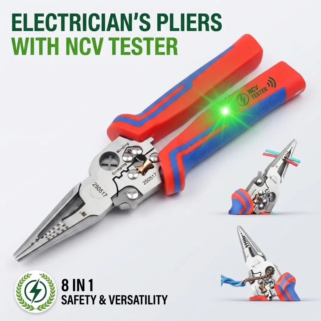 8-in-1 Multi-Purpose Electrician Pliers - NCV Voltage Tester, Wire Stripper, Cable Cutter, Crimping Tool, Wire Twisting Tool
