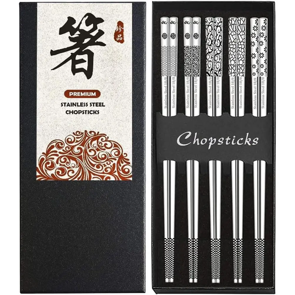 Metal Chopsticks Stainless Steel Reusable Chopsticks 18/8 Cute  Engraved Non-slip Korean   Chopsticks,18/8 Stainless steel Dishwasher Safe for Cooking Eating 9 1/4 Inches 5 Pairs