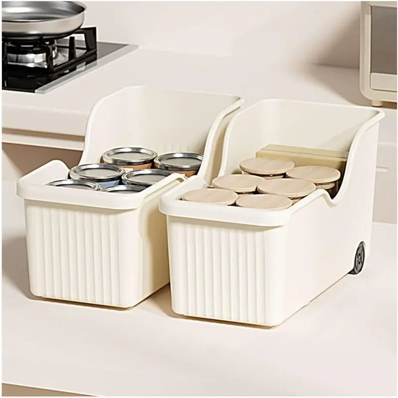 4-Piece Durable Lightweight PP Plastic Rolling Storage Bins with Wheels - Narrow Compact Multi-Purpose Organizer, Pantry Storage Box for Kitchen Cabinets, Pot Lids, Home Supplies