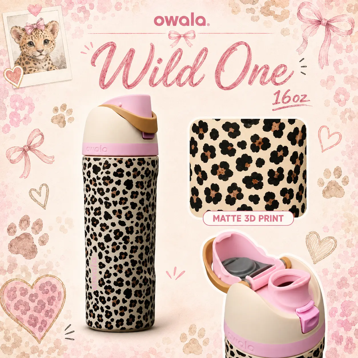 Owala x Cat & Jack Wild One 16oz FreeSip Kids Water Bottle | Pink Leopard Insulated Stainless Steel Bottle for School, Lunch Bags, Travel & Everyday Hydration