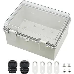 Junction Box ABS Plastic Dustproof Waterproof IP65 Electrical Boxes Hinged Shell Outdoor Universal Project Enclosure Clear Cover with 2 Cable Glands 8.7 x 6.7 x 4.3 inch (220x170x110 mm)