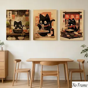 Japanese Cat Ramen Art Set, 3pcs Warm Sepia Tone, Cute Kitty Characters, Kitchen Decor, Retro Home Decoration, Fun Japanese Charm