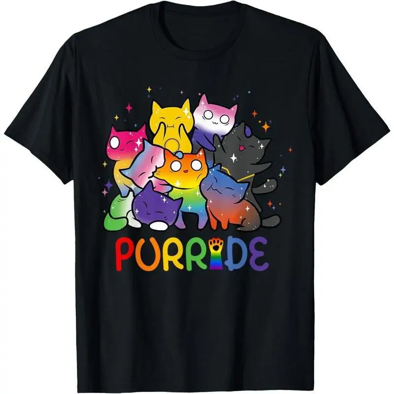 Men's 100% Cotton Round Neck Fitted Short-Sleeve Graphic Tshirt - Menswear, Distressed Purride Cat Pride Ally LGBT Rainbow Design, Gift for Animal Lovers