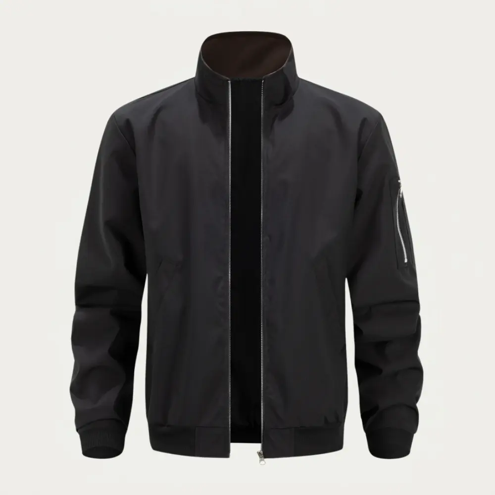 Men’s Vintage Chic Stand-Collar Aviator Jacket - Retro Workwear Style, Polyester Casual Wear, Pull-On Design, Zippered Arms Pockets, Ribbed Elastic Cuffs & Hem, for Urban Men Everyday Commuting/Short Trips