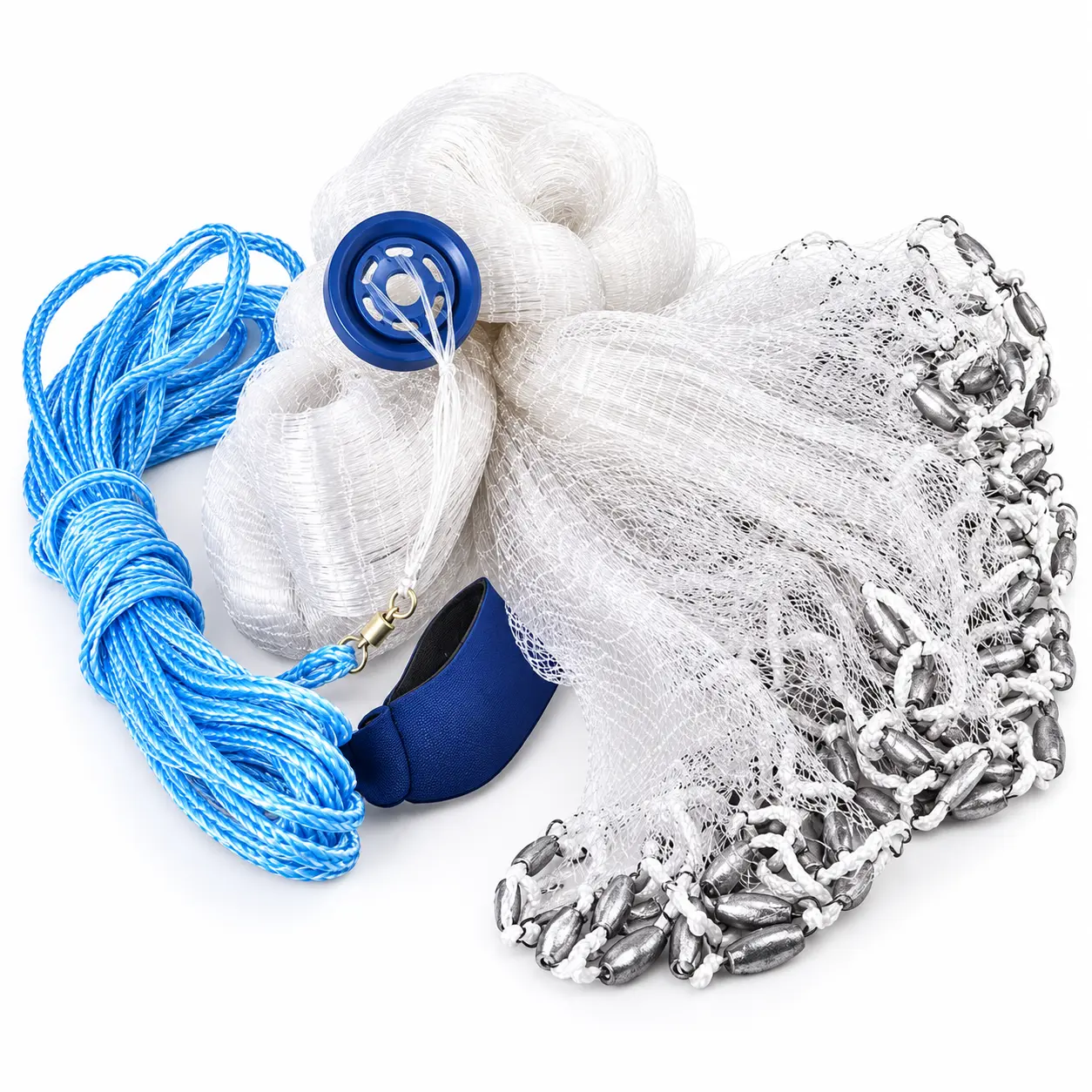 Monofilament Cast Net with 300 Steel Sinkers, No Throwing Ring Design, Fishing Throw Net with Retrieval Rope and Wrist Strap
