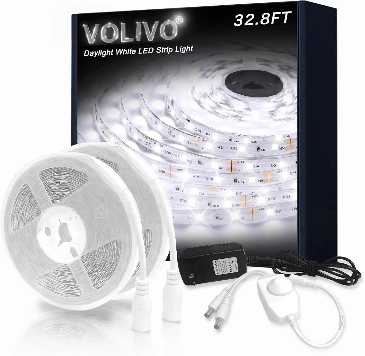 White LED Strip, 32.8ft Dimmable LED Strip 6500K Bright Daylight White, Strong Adhesive, Flexible Tape Light for Mirror, Kitchen Cabinets, Bedroom