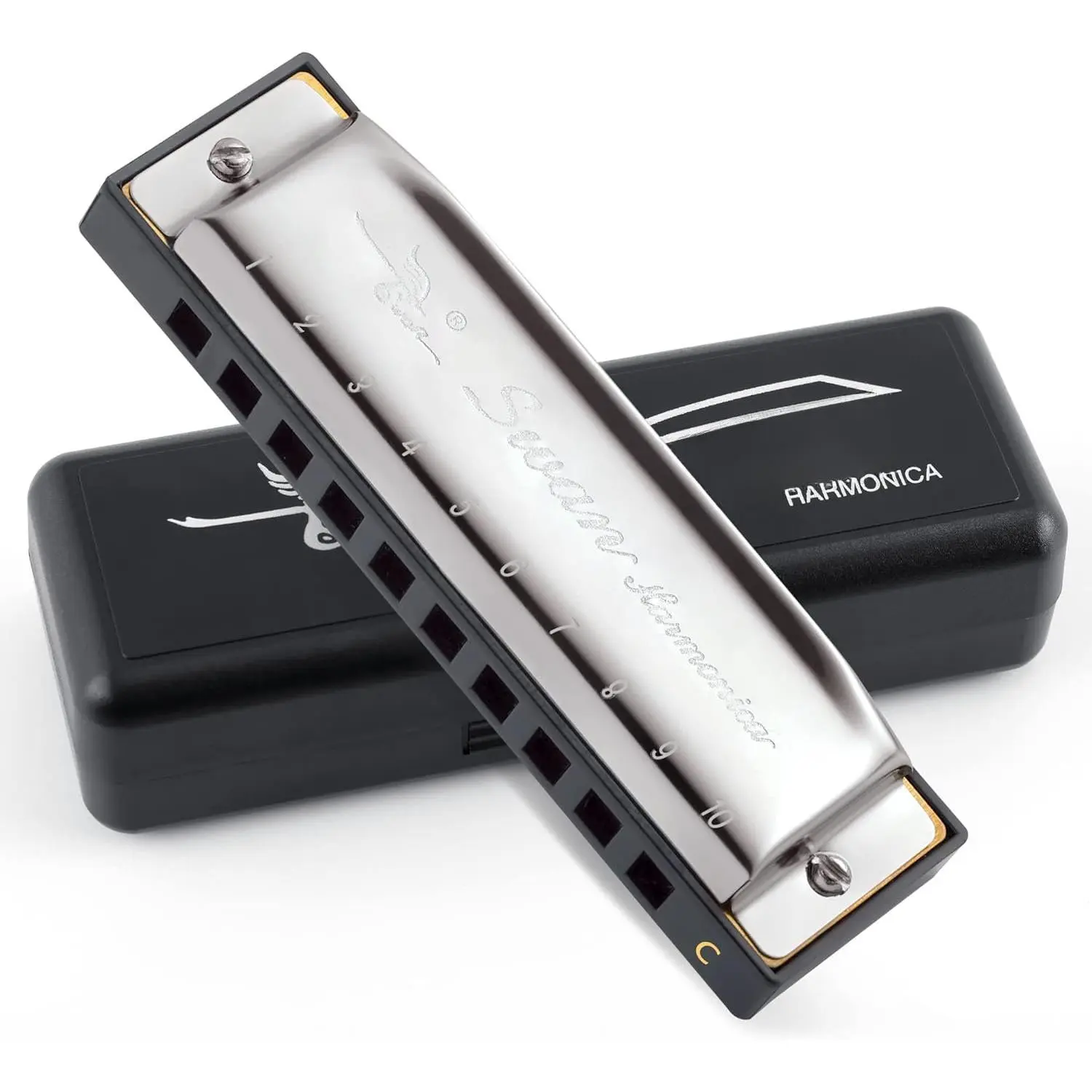 Blues Harmonica C Key for  Adults, 10 Hole Diatonic Harmonica Key of C, Metal Blues Harp for Beginners Students, Mouth Organ in Case,