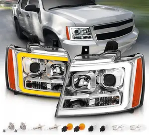 AmeriLite for 2007-2013 Chevy Avalanche/Suburban/Tahoe Switchback LED Turn Siganl Tube Chrome Projector Headlights Assembly Pair - Passenger and Driver Side