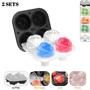 3D Rose Ice Cube Tray with Lid, 2 Pack Large Flower Shape Silicone Ice Mold, Easy Release, Food Grade, 3 Colors, Perfect for Drinks, Home Bar Accessories