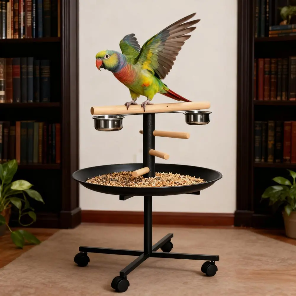 Bird Feeder Station with Wheels,Portable Bird Play Stand,Stainless Steel Feeding Bowls, Tray