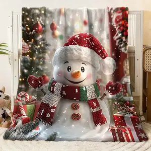 Christmas Snowman Print Multi - Size Blanket - Festive Winter Design with Cute Snowman in Knit Hat & Scarf, Christmas Tree, Gifts, Candy Canes for Cozy Holiday Decor