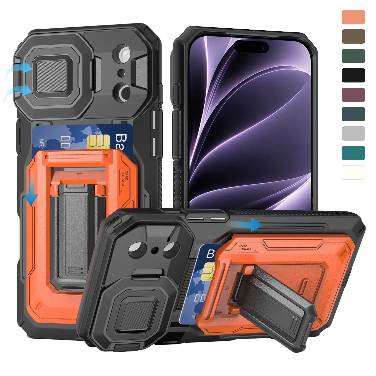 Compatible with iPhone 17 Pro Max 16 15 14 13 Case with Semi-Automatic Card Slot (3-4 Cards) RFID Blocking & Kickstand & Camera Lens Cover & Wallet, Heavy Duty Rugged Phone Case