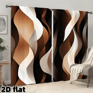 2D Flat 2Pcs Modern Wave Pattern Curtains Geometric Brown White Design Semi Sheer Panels Rod Pocket Style for Living Room Bedroom Office Home Decor Contemporary Art Window Treatment Privacy Protection Home Decoration Curtain