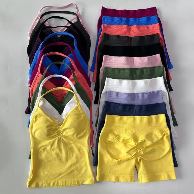 2-Piece Women's Gym Outfit, Seamless Backless Tank Top and High Waist Scrunch Shorts Activewear Set, Sportswear Activewear, Exercise Clothing Set, Athleisure Gym Clothes, Casual Athletic Sportswear